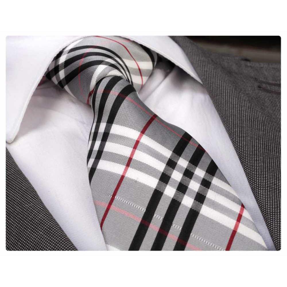 Grey Red White Plaid, Men's Premium Neck Tie - The Emperor’s Lane