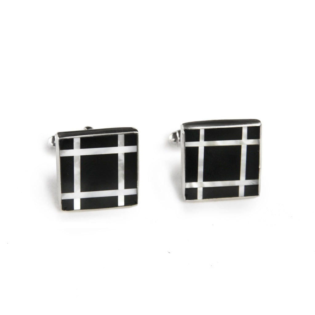 Square Black Onyx Grid Inlay Cufflinks in Sterling Silver - The Emperor’s Lane